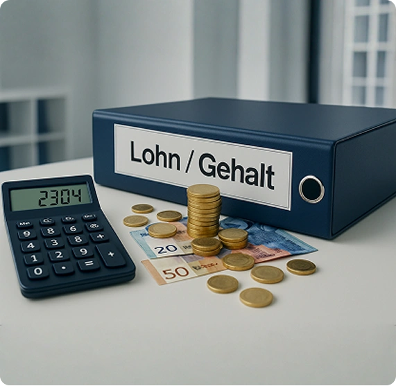 Ordner mit der Aufschrift Lohn / Gehalt, davor Taschenrechner und mehrere Münzstapel