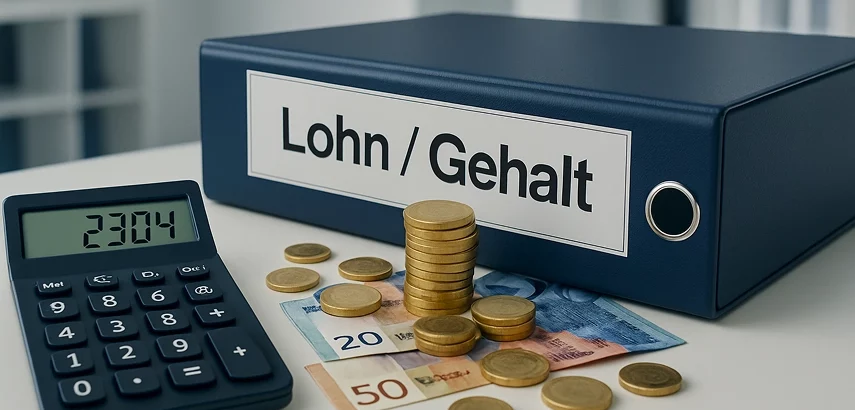 Ordner mit Aufschrift Lohn / Gehalt. Davor Taschenrechner und Münzstapel