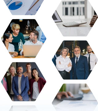 Polygone mit Bildern der Nachfolgeberatung: Geschäftsleute im Gespräch, älterer und jüngerer Geschäftsmann nebeneinander